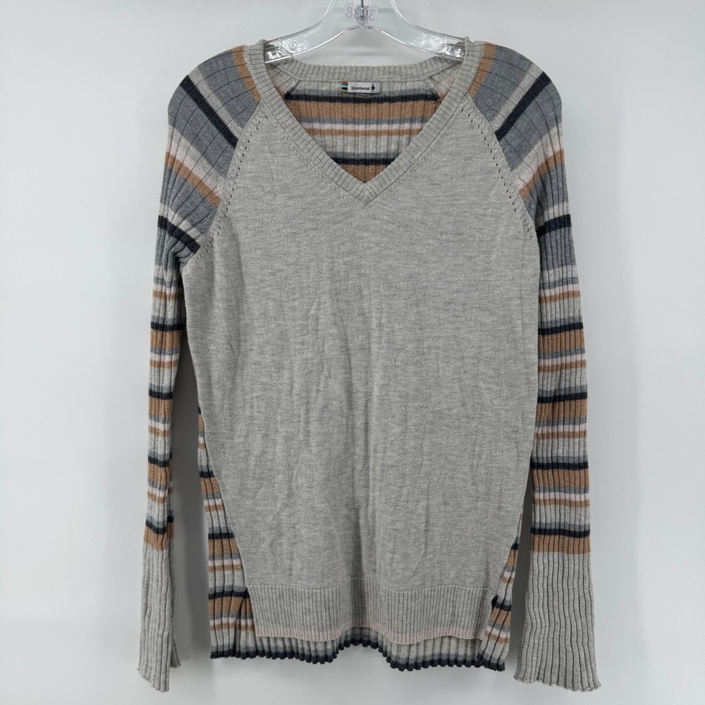 SmartWool Womens Striped Merino Wool V-Neck Long Sleeve Sweater Gray M